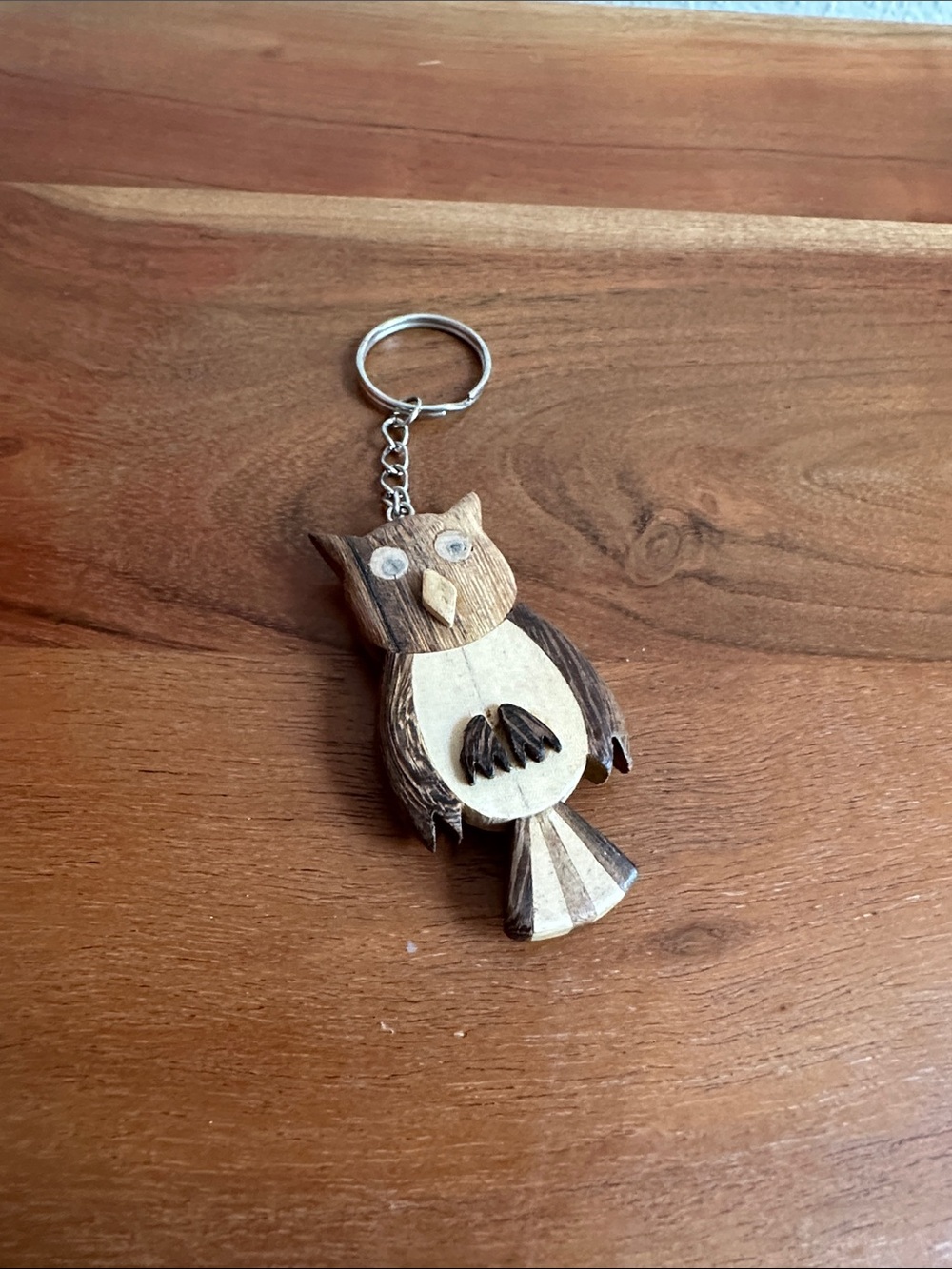 Wooden Owl Keychain - Natural Brown and Cream